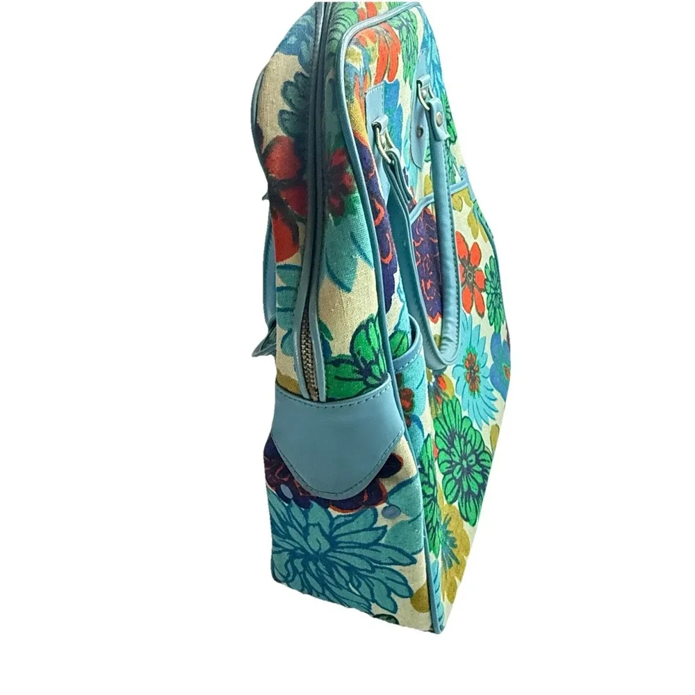 Rare Vintage 1960s Japanese Mod Floral Bowling Bag Embossed Turquoise Canvas